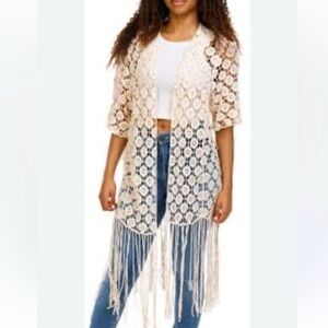 House of Harlow 1960 bohemian Ivory crochet cardigan Kimono fringe festival